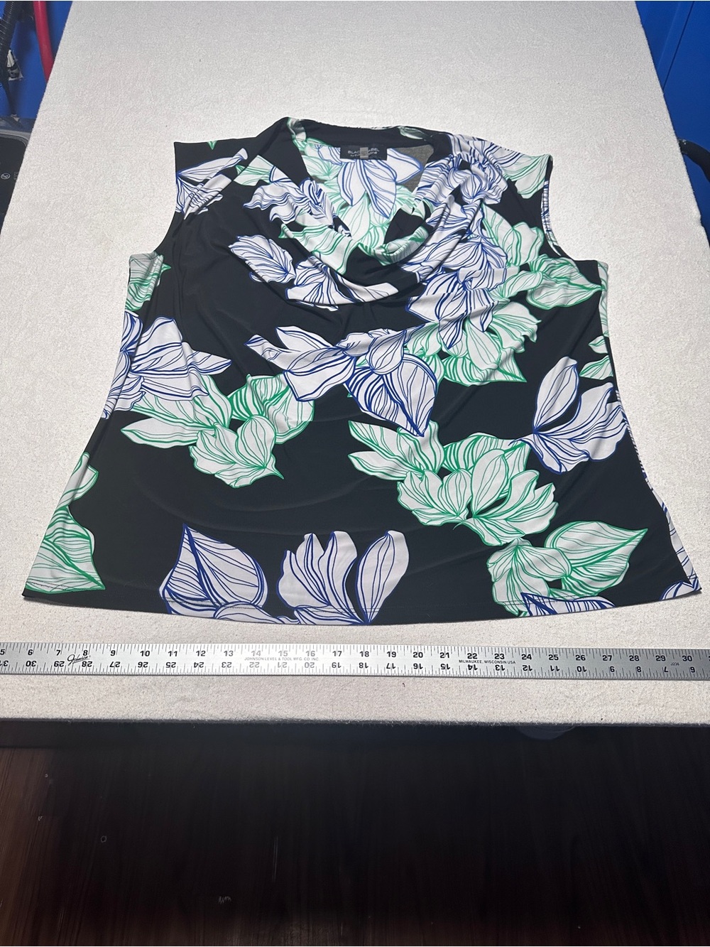 Floral Cowl Neck Sleeveless Camisole in Black with Green & Blue Flowers